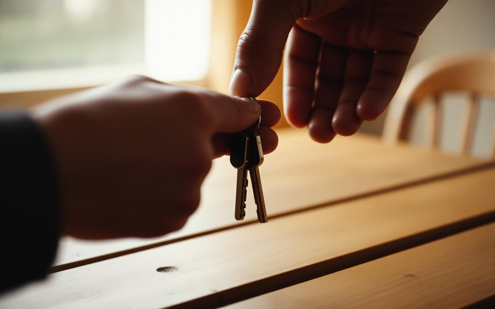 Keys handed across a kitchen table at settlement