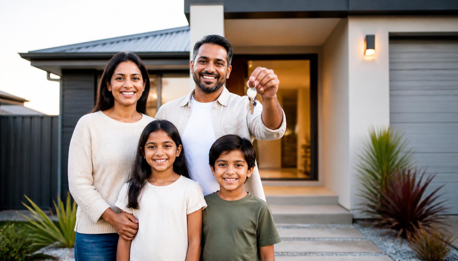 A diverse Australian family smiling outside their new Perth home