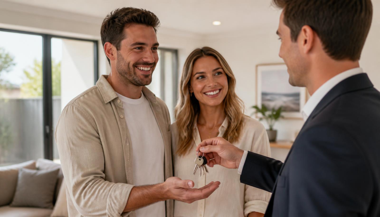 A happy Perth couple receiving keys after refinancing their home loan